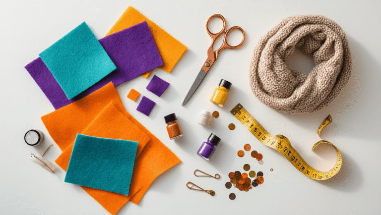 A flat lay of colorful DIY Halloween costume materials on a clean white surface, featuring felt pieces, craft scissors, face paint, safety pins, fabric strips, a scarf, sequins, and a vintage measuring tape, all softly lit to evoke creativity.