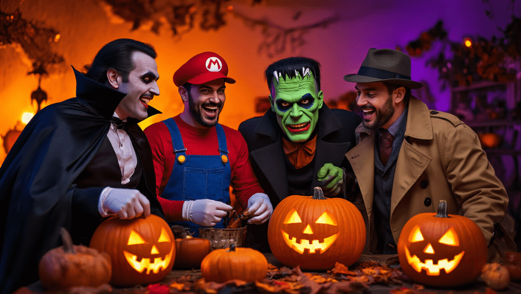Men's Halloween Costumes: Your 2026 Guide to Standing Out This Spooky Season A lively Halloween party scene with men in diverse costumes including Dracula, Super Mario, Frankenstein, and a detective, surrounded by carved jack-o'-lanterns, autumn decorations, and warm amber lighting, creating a cozy and festive spooky atmosphere.