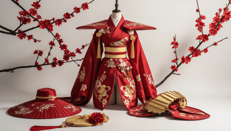 Hu Tao cosplay showcasing a crimson kimono with golden embroidery and plum blossom accessories, complemented by a wide-brimmed hat and EVA foam chest armor, displayed on a clean white background with warm studio lighting.