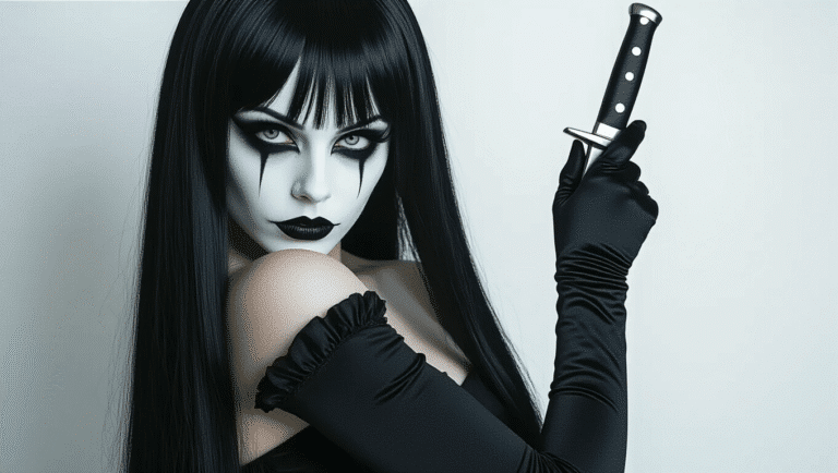 A model dressed as Jane the Killer in a black cocktail dress and long gloves, with striking white face paint, black smokey eyes, and holding a silver prop knife against a clean white background.