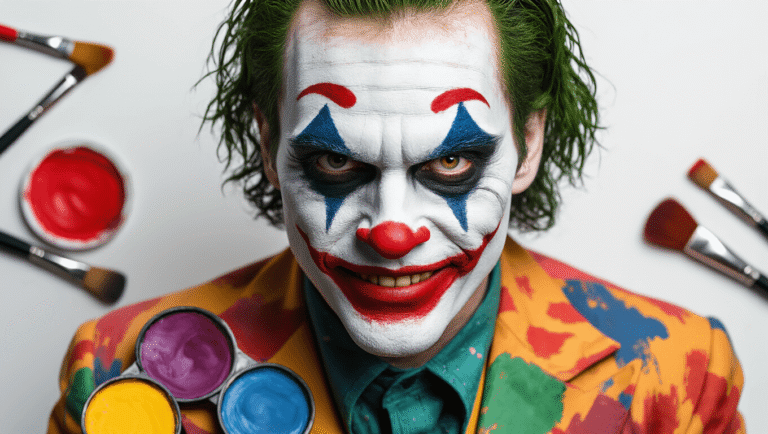 A dramatic display of Joker cosplay makeup featuring messy white face paint, bold black eye outlines, and a vibrant red smile, set against a clean white background with warm studio lighting and scattered makeup tools.