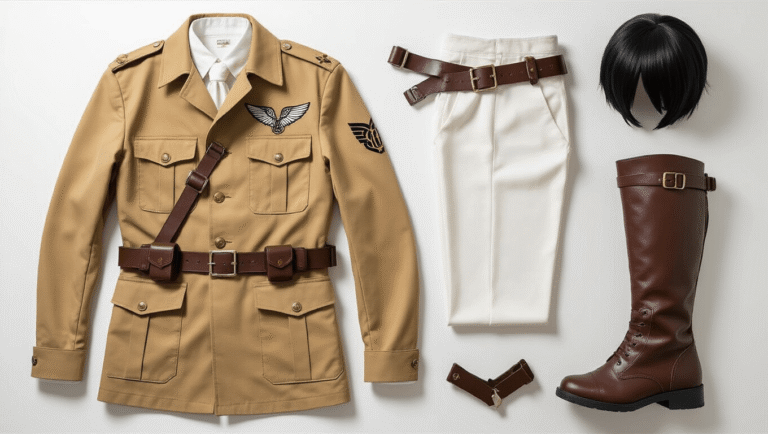 Flat lay of Levi Ackerman cosplay costume pieces on a white surface, featuring a tan military jacket, white fitted pants, brown leather harness, dark riding boots, white cravat, and black wig, illuminated by soft natural light.