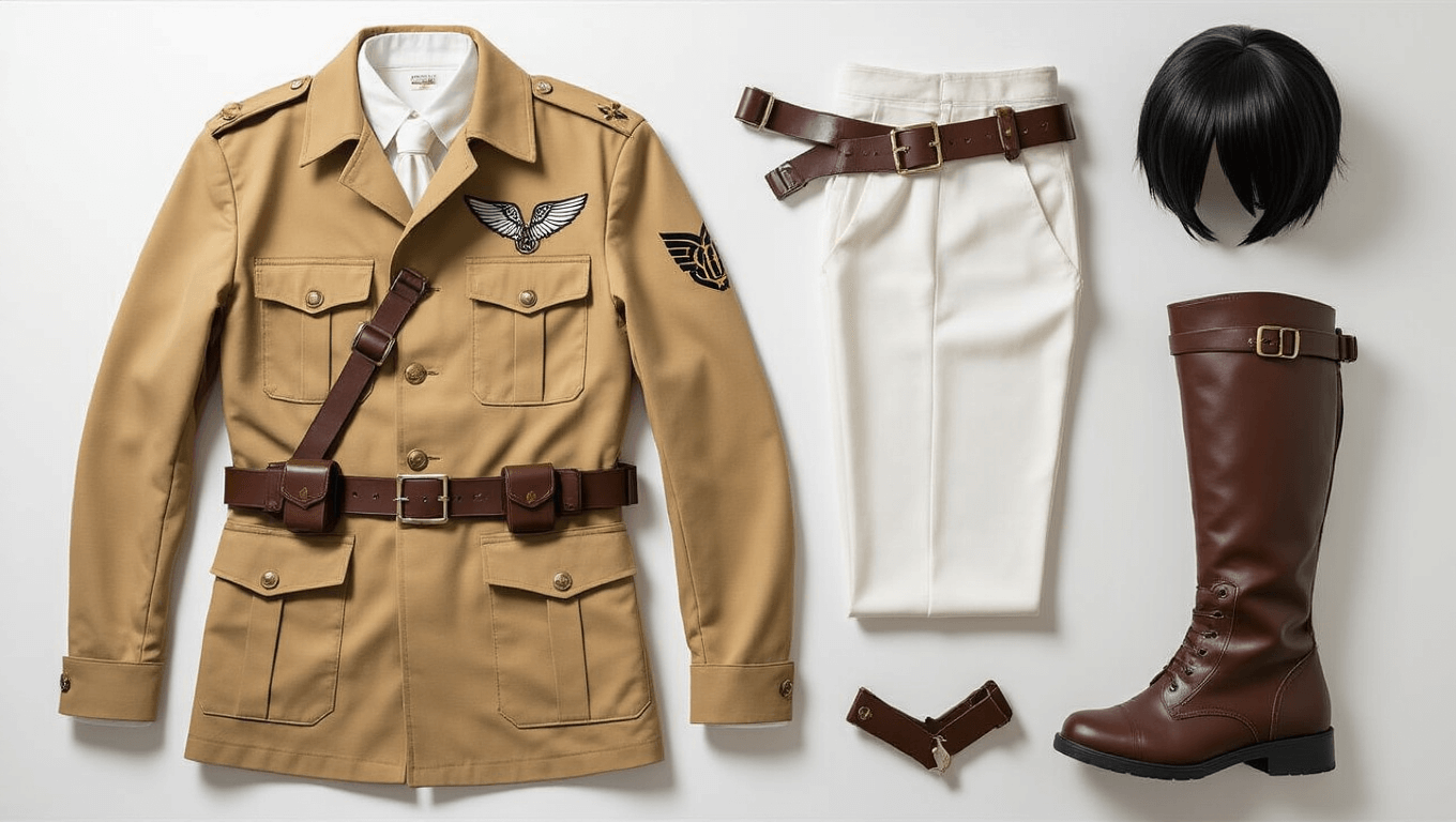 Flat lay of Levi Ackerman cosplay costume pieces on a white surface, featuring a tan military jacket, white fitted pants, brown leather harness, dark riding boots, white cravat, and black wig, illuminated by soft natural light.