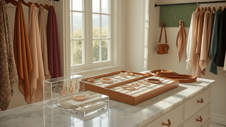 Cinematic view of an organized luxury walk-in closet featuring marble surfaces, acrylic jewelry displays, wooden belt racks, silk scarves, and ambient morning light.