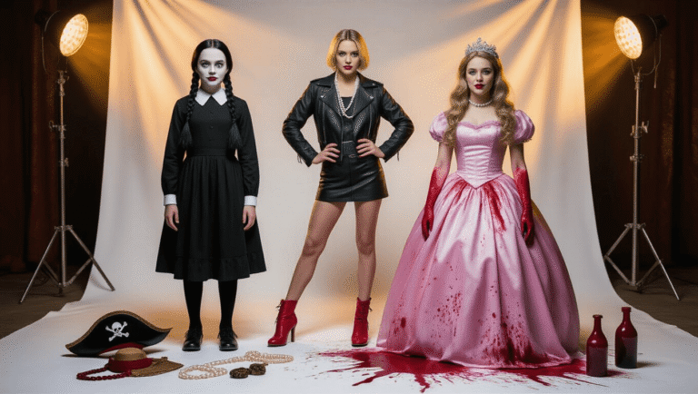 A showcase of Halloween costumes featuring Wednesday Addams in a black dress, Bad Sandy in a leather jacket, and Carrie in a blood-splattered prom dress, set against a clean white backdrop with warm lighting and vintage film props.