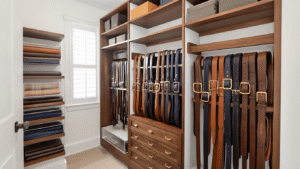 Wide-angle shot of a beautifully organized walk-in closet with a wooden belt rack displaying leather and canvas belts in a color gradient, illuminated by soft morning light, featuring clear storage compartments and warm neutral tones.