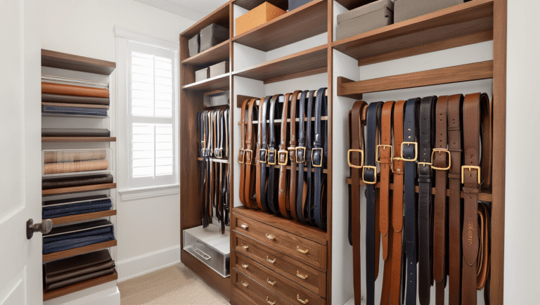 Wide-angle shot of a beautifully organized walk-in closet with a wooden belt rack displaying leather and canvas belts in a color gradient, illuminated by soft morning light, featuring clear storage compartments and warm neutral tones.