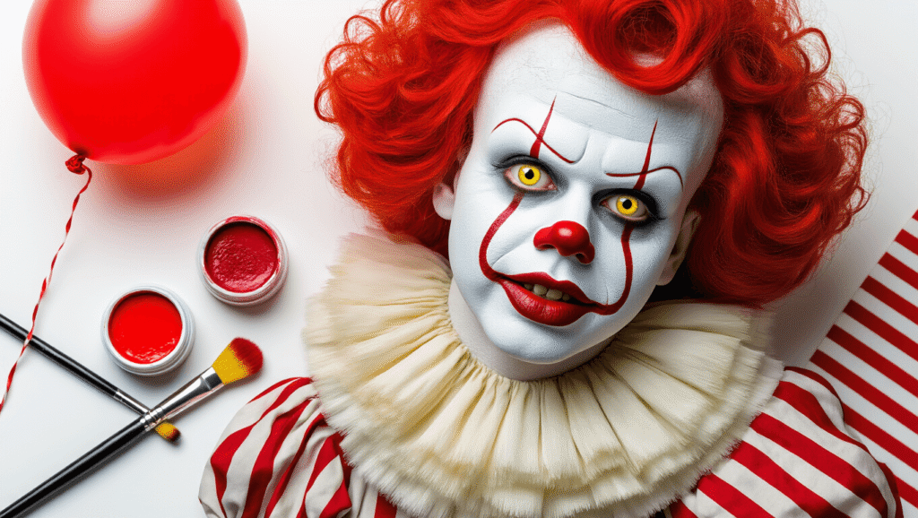 Flat lay of Pennywise costume elements on a white background, featuring red and white face paints, makeup brushes, a bright red wig, yellow contact lenses, a red balloon, and striped red fabric swatches, all illuminated by warm studio lighting.