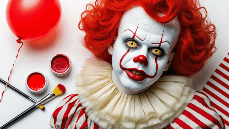 Flat lay of Pennywise costume elements on a white background, featuring red and white face paints, makeup brushes, a bright red wig, yellow contact lenses, a red balloon, and striped red fabric swatches, all illuminated by warm studio lighting.