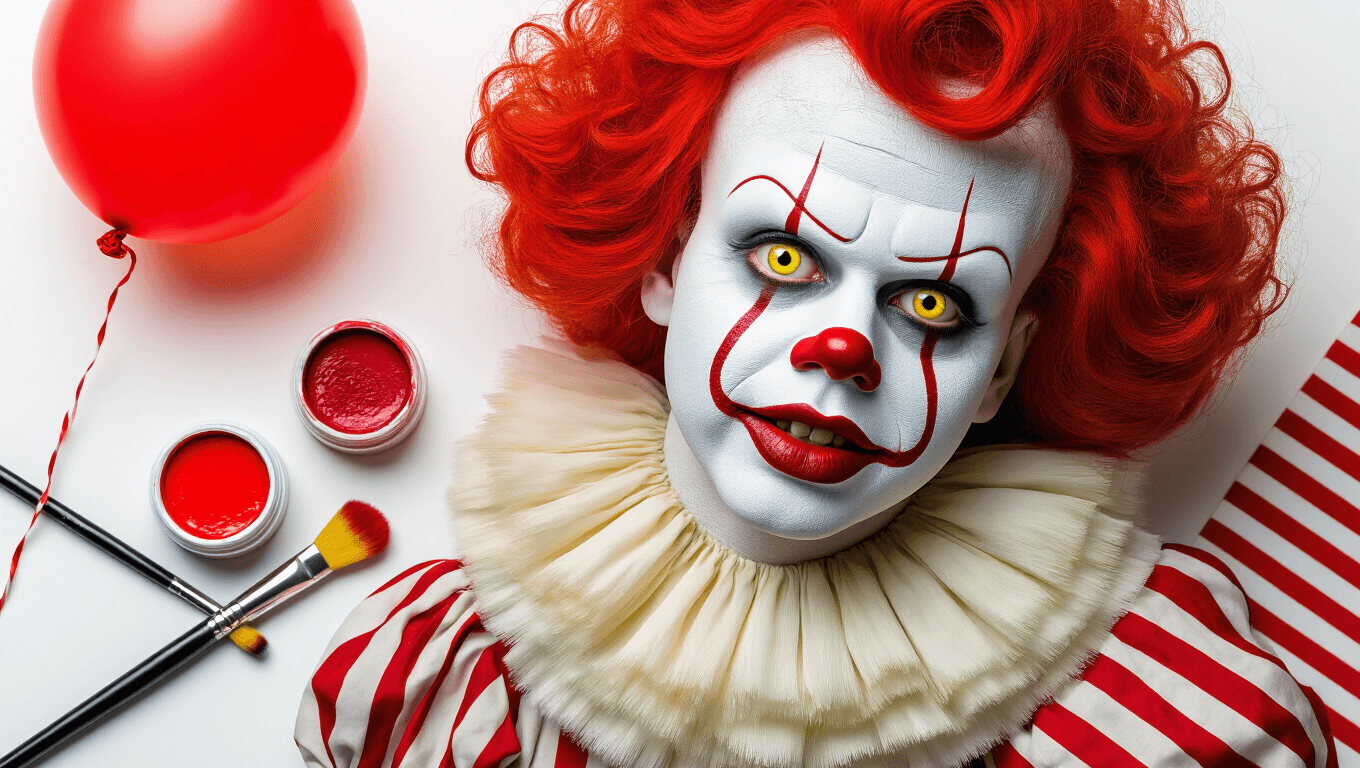 Flat lay of Pennywise costume elements on a white background, featuring red and white face paints, makeup brushes, a bright red wig, yellow contact lenses, a red balloon, and striped red fabric swatches, all illuminated by warm studio lighting.