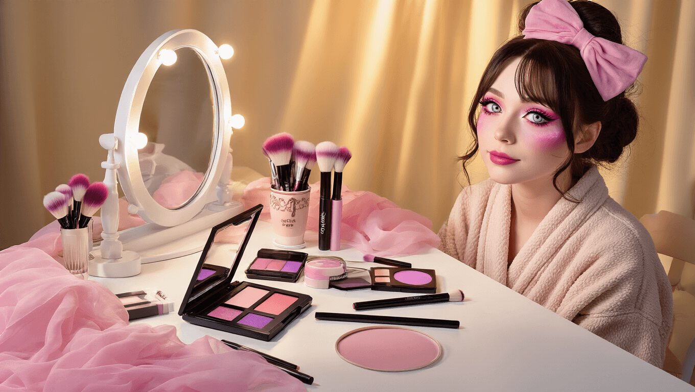 A professional makeup vanity featuring soft pink cosplay makeup with gradient eyeshadow, fluffy brushes, and false eyelashes, illuminated by warm golden lighting, while a model in a cotton robe sits nearby with half-completed anime-inspired makeup.