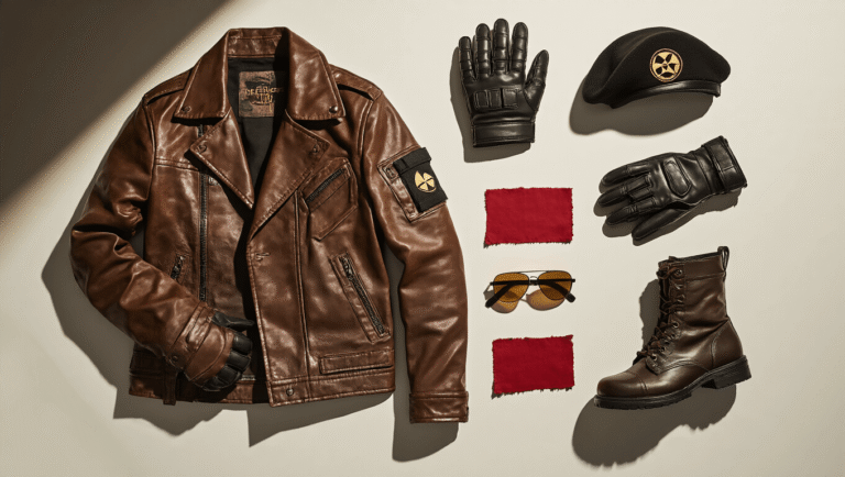 Flat lay of Resident Evil cosplay accessories on a clean white background, featuring a weathered brown leather jacket, tactical black fingerless gloves, S.T.A.R.S. beret, polished combat boots, red fabric swatches, reflective sunglasses, and small prop accessories, all illuminated by soft golden hour lighting that highlights textures and creates gentle shadows.