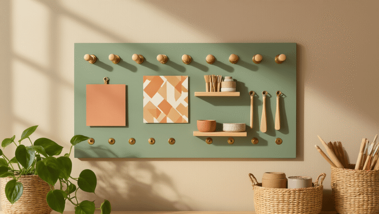 Cinematic overhead view of a sage green pegboard on a warm taupe wall with brass S-hooks, wooden dowels, vinyl sheets, woven baskets of craft supplies, and a pothos plant, all bathed in soft morning light.