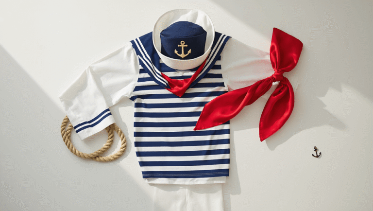 Classic sailor costume flatlay on white background featuring navy and white striped shirt, white pants, sailor's cap with anchor, and red silk neckerchief, arranged with nautical rope and anchor charm.