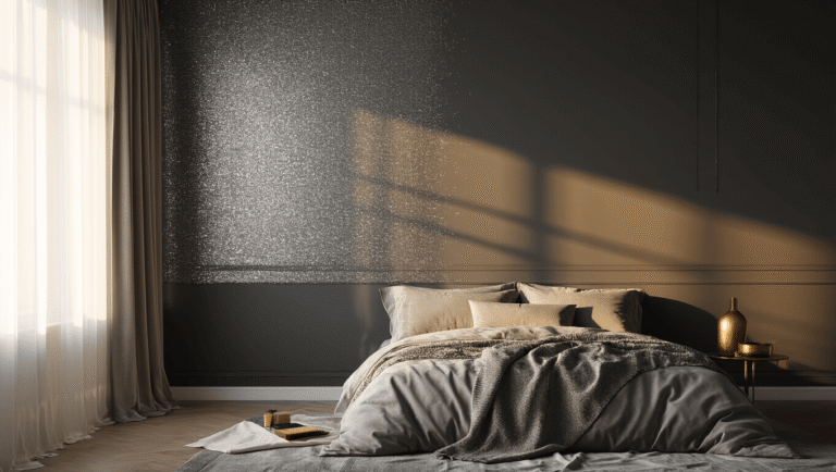 Cinematic interior of a sophisticated bedroom featuring a charcoal gray accent wall with silver glitter overlay, illuminated by warm golden hour light through sheer curtains, highlighting rich textures and warm brass accents.