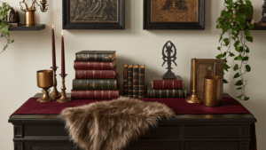 Cinematic overhead shot of an elegant Lord of the Rings-inspired tabletop arrangement featuring burgundy and forest green fabrics, vintage leather-bound books, bronze candle holders, a faux fur throw, cascading pothos, framed artwork, and high-end collectibles, all beautifully lit in golden hour.
