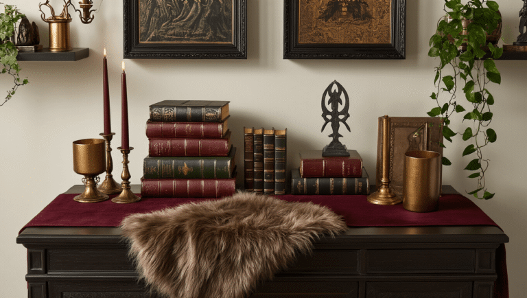 Cinematic overhead shot of an elegant Lord of the Rings-inspired tabletop arrangement featuring burgundy and forest green fabrics, vintage leather-bound books, bronze candle holders, a faux fur throw, cascading pothos, framed artwork, and high-end collectibles, all beautifully lit in golden hour.