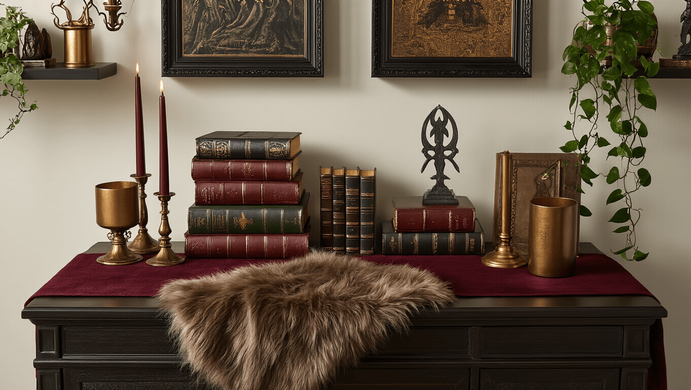 Cinematic overhead shot of an elegant Lord of the Rings-inspired tabletop arrangement featuring burgundy and forest green fabrics, vintage leather-bound books, bronze candle holders, a faux fur throw, cascading pothos, framed artwork, and high-end collectibles, all beautifully lit in golden hour.