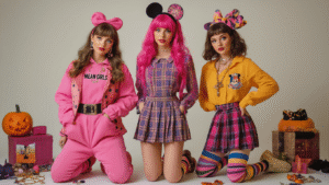 Three Halloween costumes on a white background: vibrant pink outfits inspired by Mean Girls, classic 90s plaid pieces reminiscent of Clueless with knee-high socks, and colorful Disney character elements, accompanied by costume jewelry, wigs, and decorative items, creating a nostalgic and festive atmosphere.