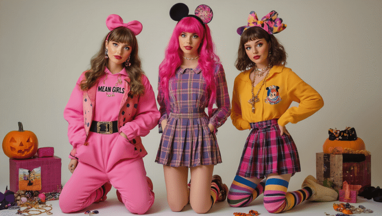 Three Halloween costumes on a white background: vibrant pink outfits inspired by Mean Girls, classic 90s plaid pieces reminiscent of Clueless with knee-high socks, and colorful Disney character elements, accompanied by costume jewelry, wigs, and decorative items, creating a nostalgic and festive atmosphere.