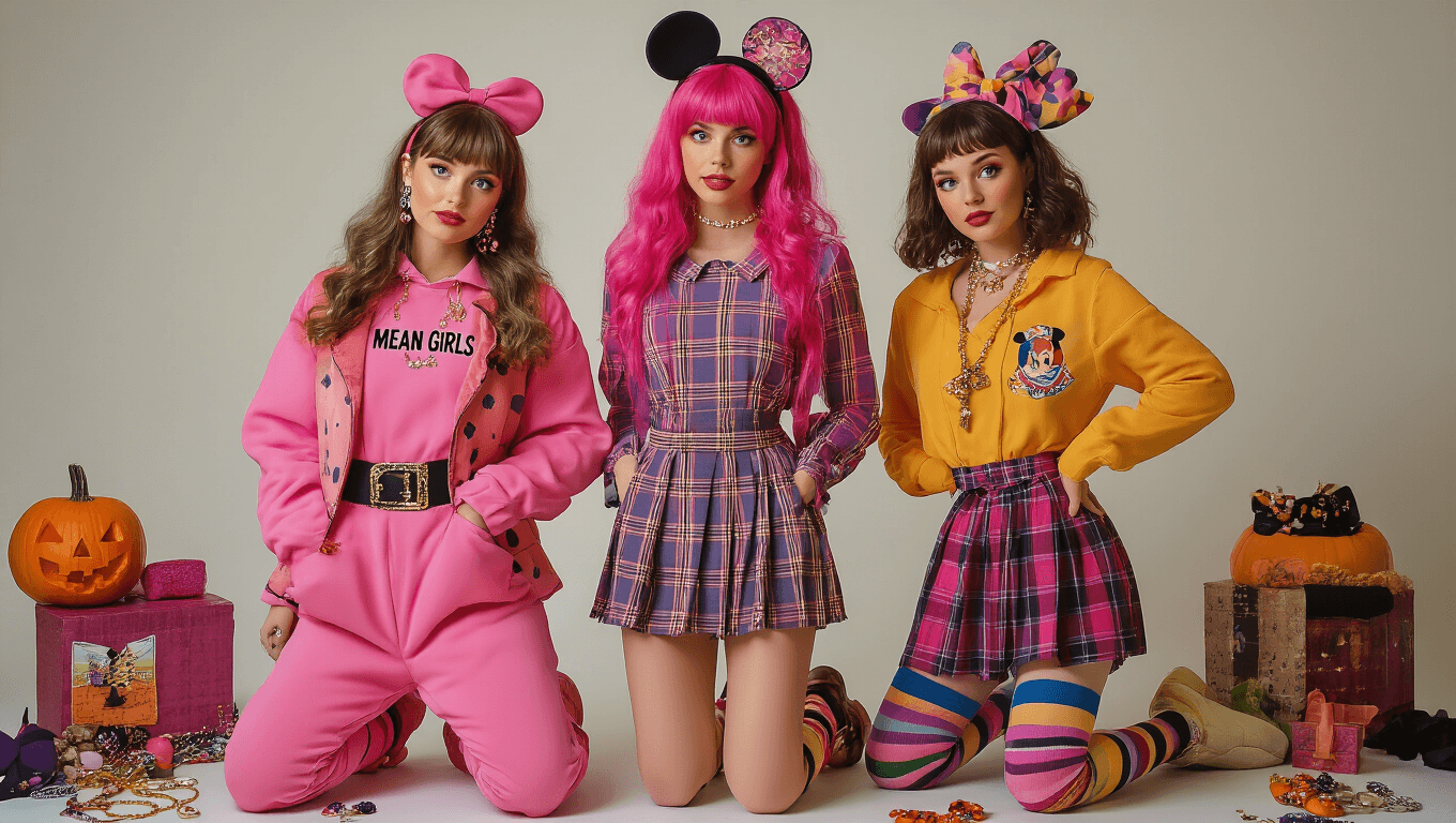 Three Halloween costumes on a white background: vibrant pink outfits inspired by Mean Girls, classic 90s plaid pieces reminiscent of Clueless with knee-high socks, and colorful Disney character elements, accompanied by costume jewelry, wigs, and decorative items, creating a nostalgic and festive atmosphere.