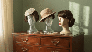 Elegant bedroom dresser adorned with mannequin heads displaying vintage hats and wigs, illuminated by soft morning light, featuring a pearl-studded fascinator and feathered cloche hat against muted sage green walls.