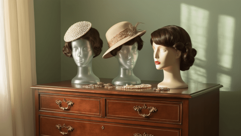 Elegant bedroom dresser adorned with mannequin heads displaying vintage hats and wigs, illuminated by soft morning light, featuring a pearl-studded fascinator and feathered cloche hat against muted sage green walls.