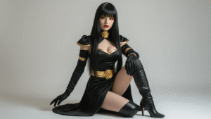 A female cosplayer portrays Yor Forger, wearing an elegant black dress with gold rose accents and high collar, paired with long black gloves and thigh-high slit. She has long black hair with blunt bangs, red undertones, and red lips, against a clean white background. The warm studio lighting highlights the dress's luxurious textures and gold details, capturing a confident assassin pose with graceful elegance.