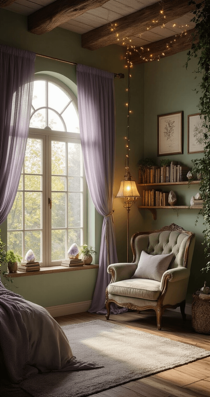 Ultra-detailed photorealistic image of an enchanted forest-themed bedroom with sage green walls and warm wooden flooring, featuring a vintage velvet reading chair by a large arched window draped in sheer lavender curtains. Soft morning light illuminates a stylized bookshelf and fairy string lights across wooden beams. The cozy space includes crystal geodes, trailing pothos plants, a vintage brass lamp with an amber glow, layered throws, and a gallery wall of botanical prints and constellation maps, all captured from a diagonal corner angle.