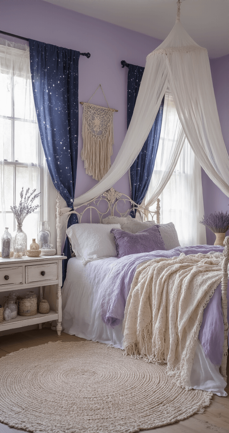 A tranquil celestial-themed cottage bedroom with lavender walls, distressed white furniture, sheer navy curtains adorned with silver constellations, and a vintage wrought iron bed draped with a gauzy canopy. The room features layers of cream and dusty purple throws, antique wooden shelves housing crystals and vintage apothecary bottles, and soft moonlight illuminating the space. Dreamy macramé wall art, star charts, and fairy lights enhance the mystical atmosphere.