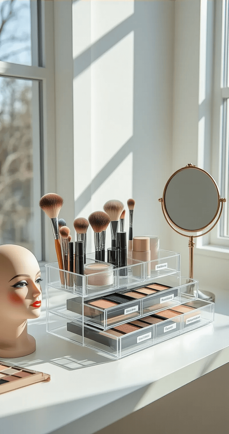 A bright, minimalist home office with white walls features an ultra-detailed cosplay makeup organization station. A sleek acrylic organizer on a floating desk holds labeled compartments of makeup supplies, while soft sunlight highlights the setup. Nearby, a mannequin head displays half-finished cosplay makeup beside a vintage mirror.