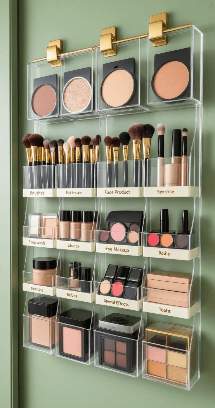 Professional cosplay makeup storage solution on a sage green closet door featuring a mounted wall organizer with clear acrylic pockets and golden hardware, meticulously labeled for brushes, face products, eye makeup, lip colors, and special effects supplies, illuminated by soft diffused lighting.