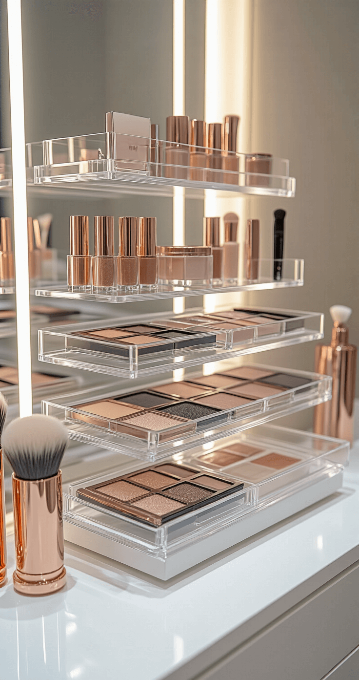 Sophisticated tiered acrylic makeup storage system on a modern white vanity, showcasing organized theatrical and everyday makeup products, with specialty cosplay items on higher shelves, illuminated by soft natural side lighting and accented with rose gold tools.