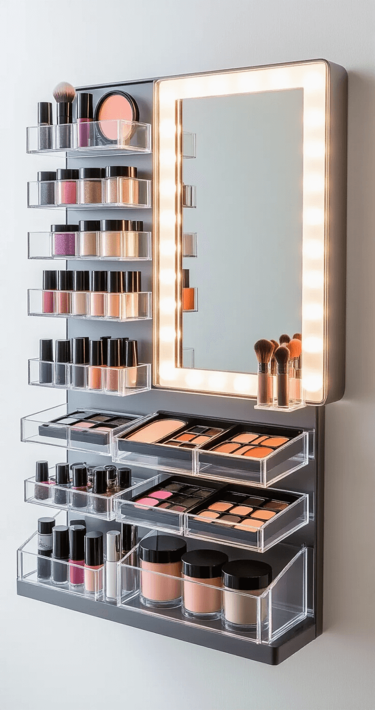 Elegant bathroom makeup organization featuring a mounted clear acrylic wall organizer with labeled compartments for cosplay and theatrical makeup, alongside a large LED-lit vanity mirror, all harmonized in soft, diffused lighting.