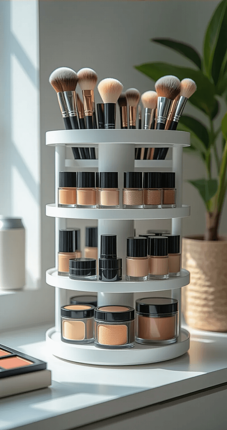 Minimalist home studio featuring a cylindrical makeup organizer on a white surface, showcasing neatly arranged makeup products with soft side lighting and a shallow depth of field.