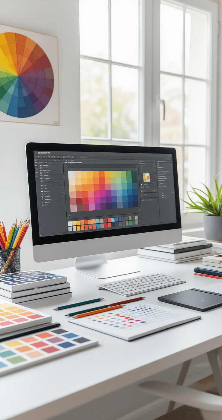 A well-organized design workspace showcasing a sleek monitor with a color palette generator, surrounded by color swatch books, colored pencils, and printed color charts, all illuminated by soft natural light from a large window. The minimalist desk features neatly stacked color theory books, a graphic tablet, and a professional notebook with color mixing notes, set against crisp white walls and a muted gray surface, with a color wheel art piece displayed.