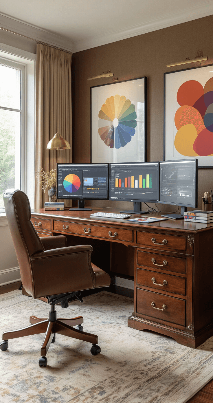 An elegant home office with a mahogany desk organized with color reference materials, multiple monitors displaying data visualization and color-blind simulation software, warm ambient lighting, a leather executive chair, and abstract color theory artwork on the walls.
