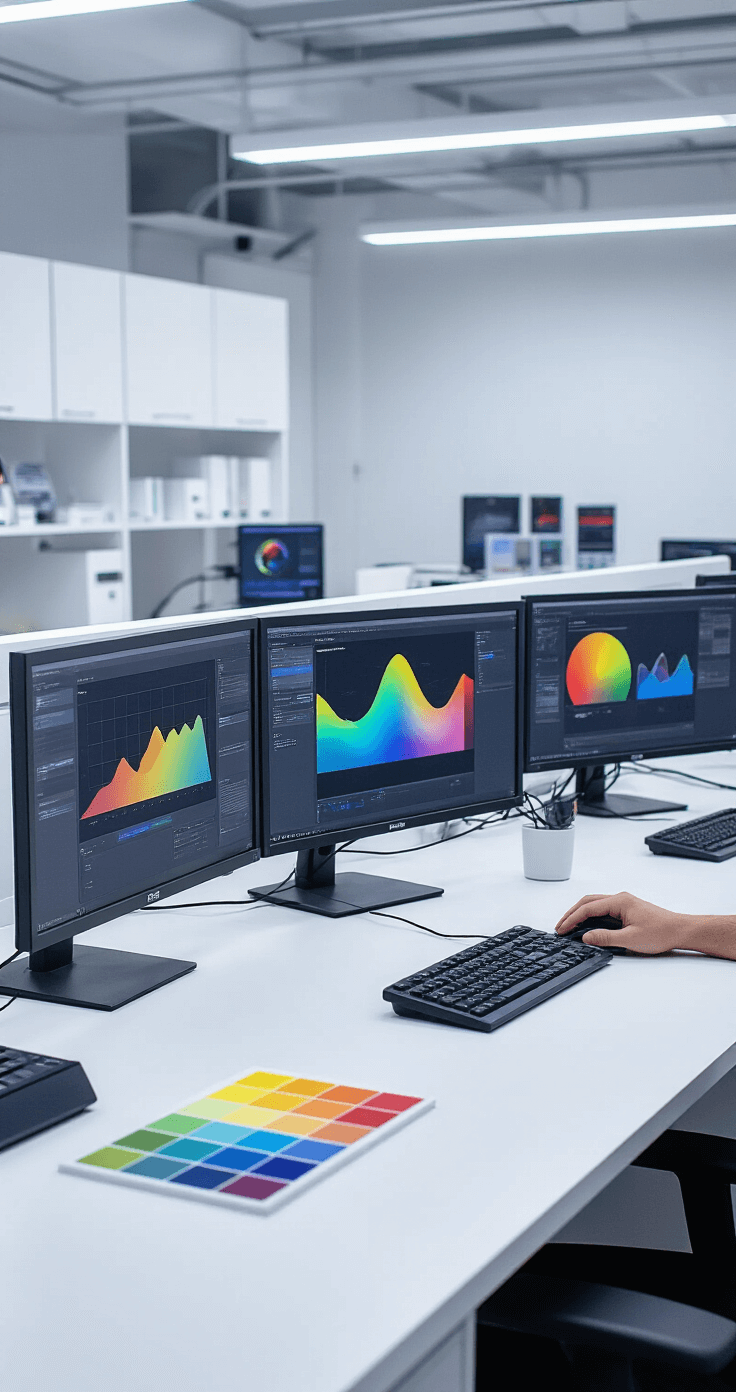 A high-tech data visualization research environment featuring multiple monitors with color analysis software, color-blind testing interfaces, and gradient generation tools, set in a clean, modern laboratory with crisp white surfaces and well-placed color reference materials.