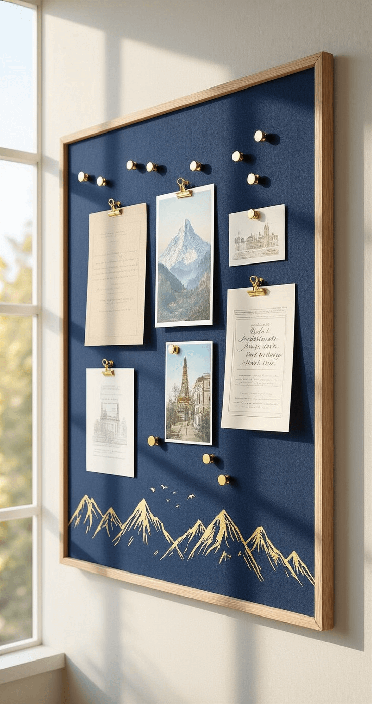 Meticulously styled home office cork board with navy blue surface, gold mountain stencil, natural linen border, brass pushpins, and curated vintage postcards and quotes, illuminated by soft morning light through floor-to-ceiling windows.