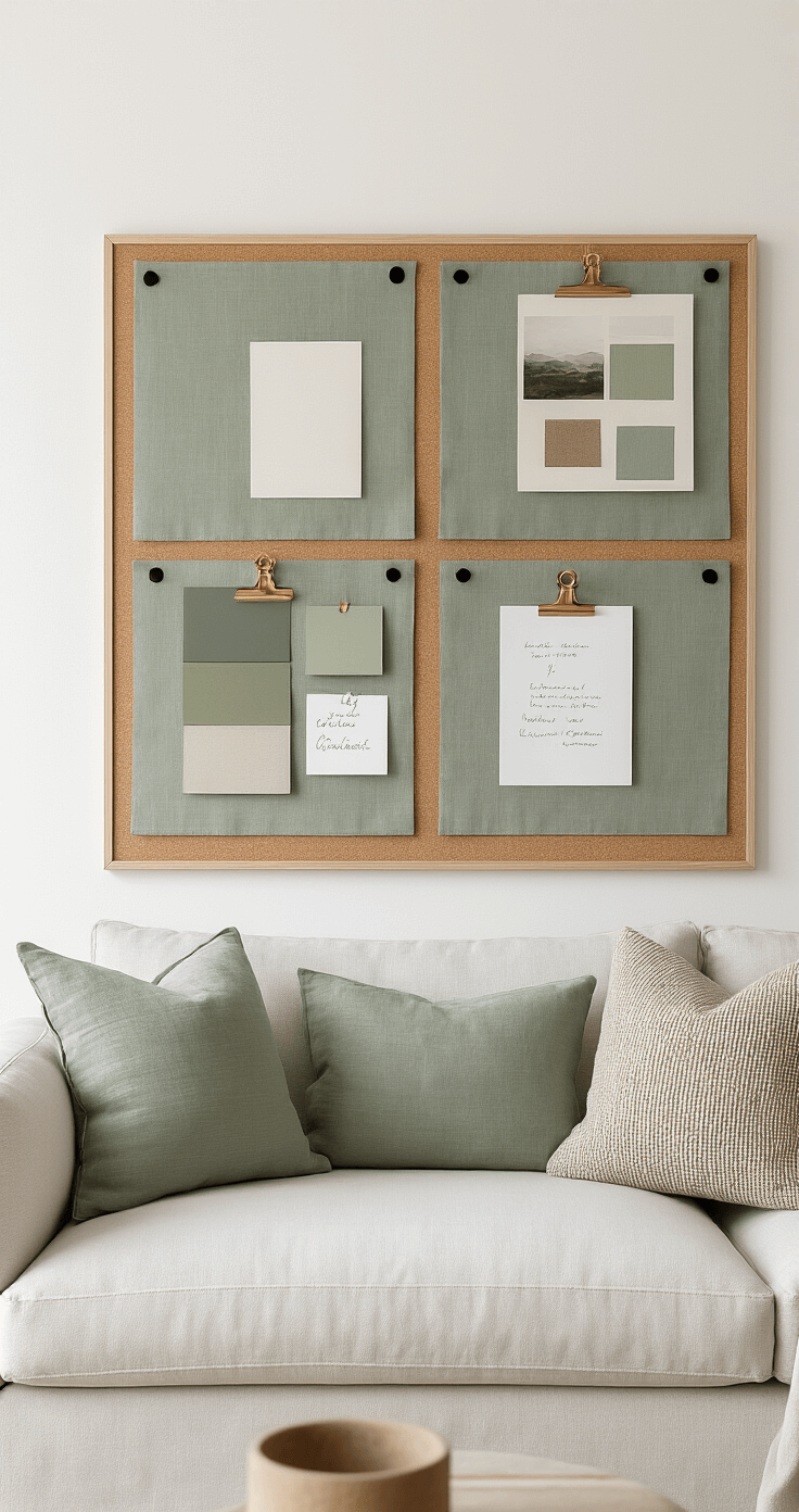 A sophisticated mood board in a minimalist living room, featuring a cork board covered in sage green linen, divided by black ribbon, showcasing inspiration images, color swatches, and handwritten notes pinned with brass hardware, captured from a close-up overhead angle.