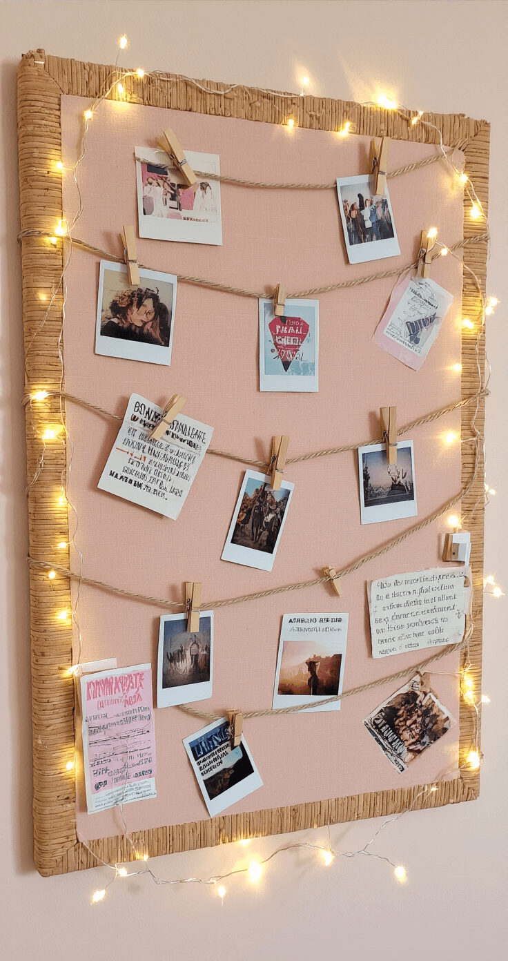 A teenage girl's cork board with a soft blush pink fabric surface, adorned with twine and clothespins holding Polaroid photos, concert tickets, and inspirational quotes, surrounded by natural cork edges and illuminated by warm fairy lights.