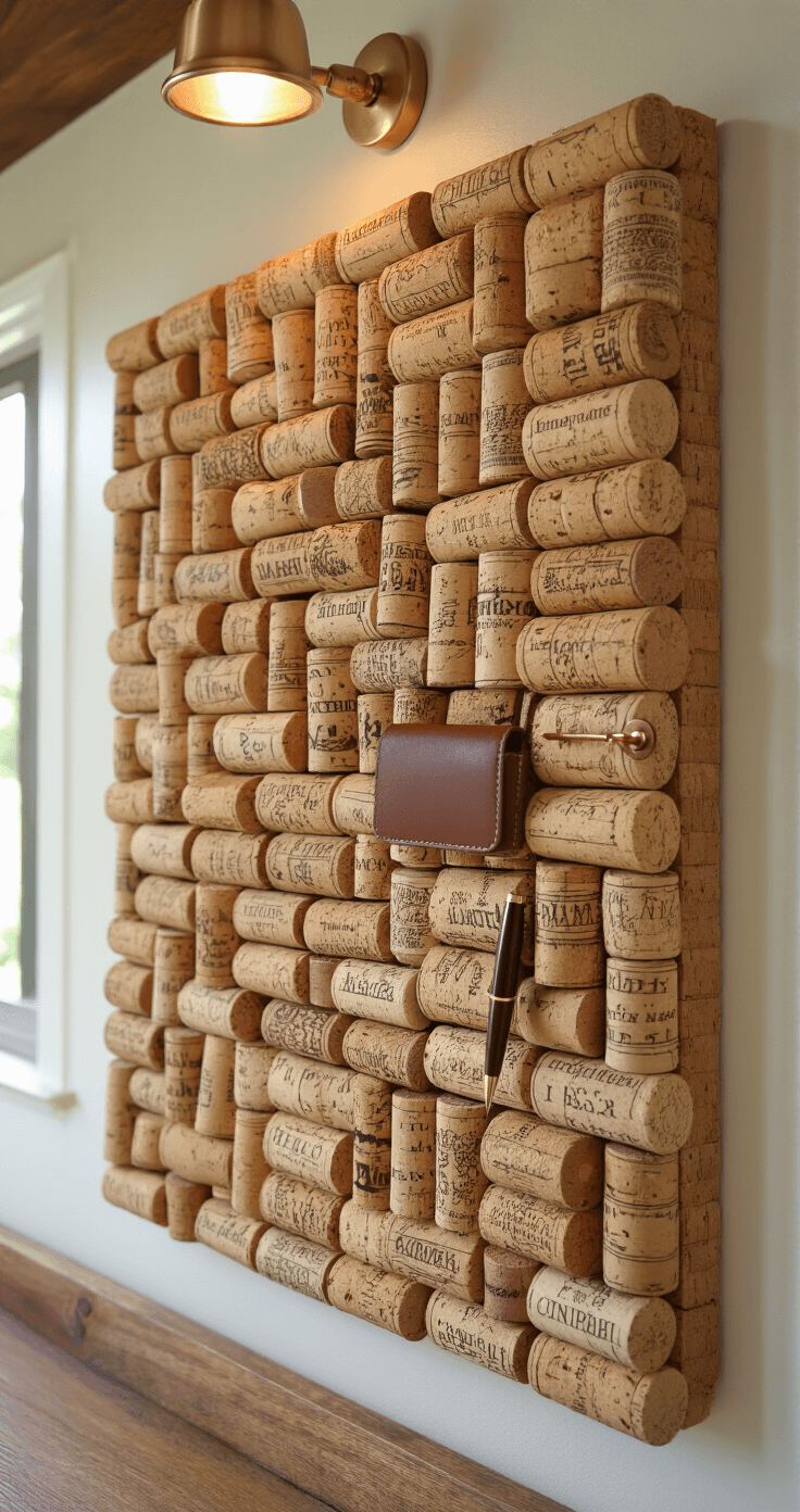A photorealistic image of a rustic kitchen cork board made of vertically arranged wine corks, showcasing natural cork tones and intricate textures, adorned with brushed copper pushpins and a brass hook holding a leather-strapped pen, softly illuminated to highlight its depth and warmth.