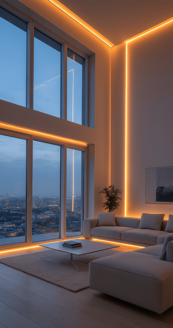 A modern living room featuring programmable LED strips, minimalist Scandinavian furniture in muted grays and whites, and floor-to-ceiling windows showcasing a twilight cityscape, all illuminated by soft amber light and dramatic shadows.