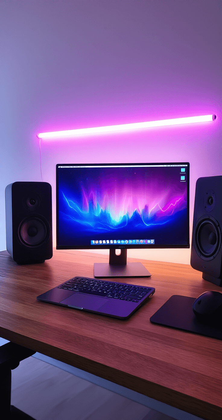 A cozy home office featuring a sleek wooden desk and matte black tech accessories, illuminated by music-synchronized LED strips in deep purple and electric blue. A MacBook Pro reflects the vibrant colors, while dramatic backlighting highlights the textures of the workspace materials, creating a modern minimalist aesthetic infused with technological drama.