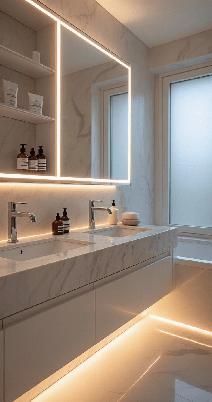 Luxury bathroom with under-vanity LED strips, marble countertops, a frameless backlit mirror, floating shelves of skincare products, and soft morning light through a frosted window, captured in a professional architectural photography style.