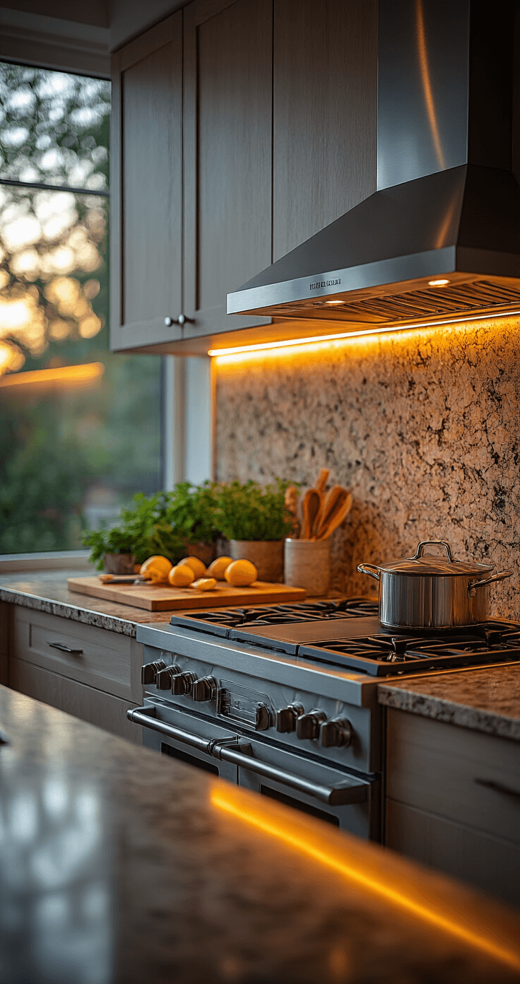 A modern kitchen featuring warm white under-cabinet LED lighting, granite countertops, stainless steel appliances, and a carefully styled cooking area with fresh herbs and a cutting board, illuminated by golden hour light filtering through large windows.