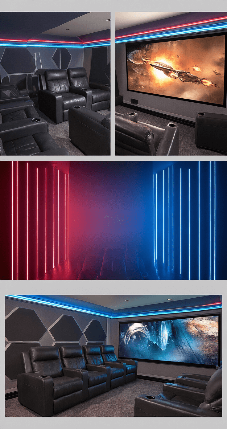 A dramatic home theater featuring music-reactive LED strips in deep burgundy and electric blue behind a 75-inch screen, with black leather reclining chairs and acoustic panel walls, captured from a low angle to emphasize the immersive, technologically sophisticated environment.