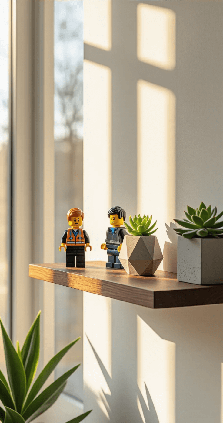 A close-up of a floating dark walnut wooden shelf in a minimalist living room, featuring LEGO minifigures, a geometric concrete planter with a succulent, and a vintage brass candleholder, with golden sunlight filtering through large windows.