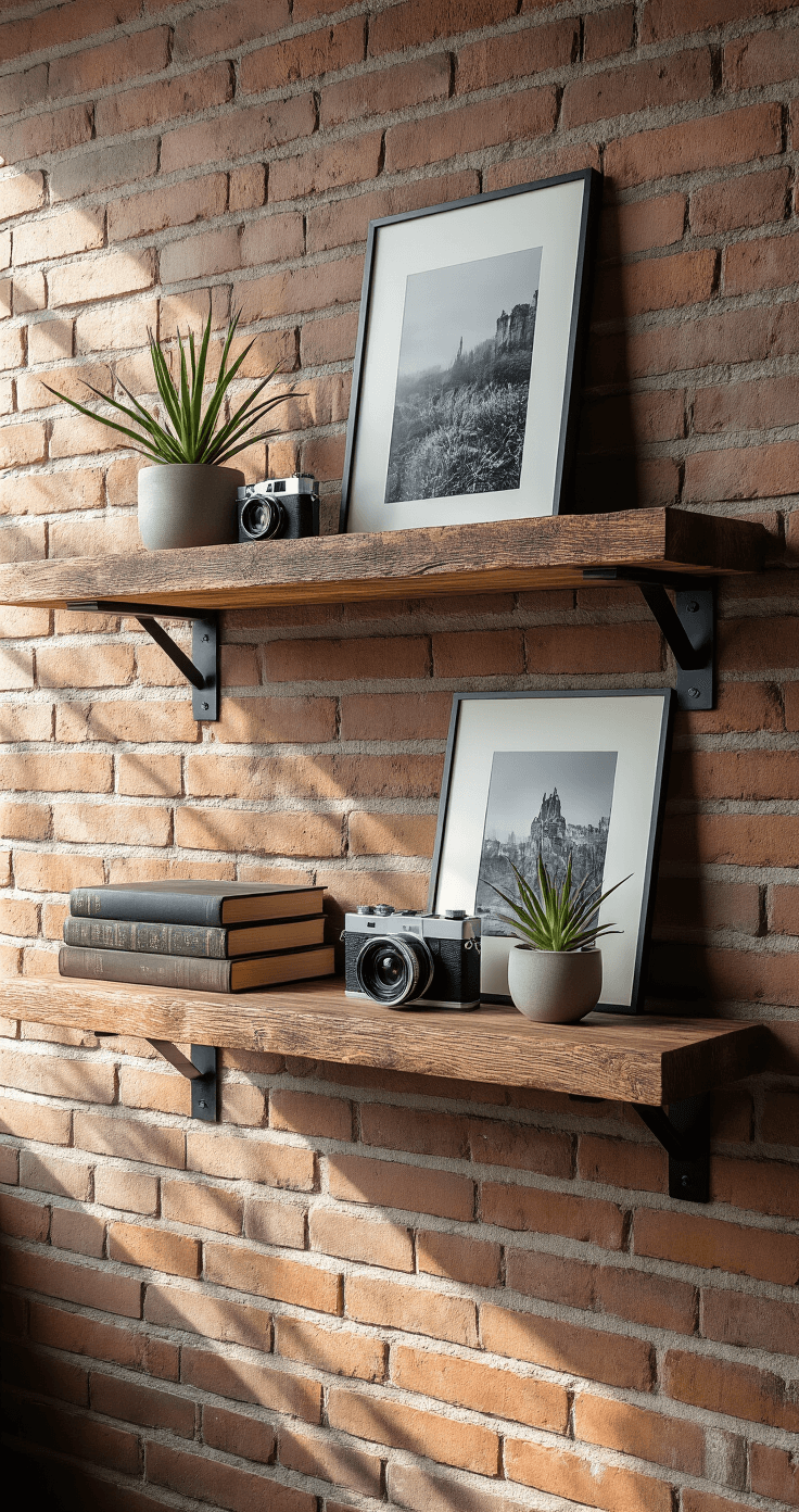 Modern industrial home office corner featuring a reclaimed wood floating shelf mounted asymmetrically on an exposed brick wall, styled with a vintage camera collection, a small potted air plant, a leaning black and white photography print, and a vintage hardcover book, all under soft morning light that highlights the textures and contrasts of the materials.