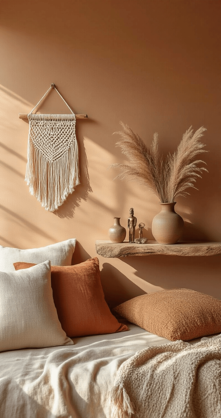 Cozy bohemian bedroom nook with a handcrafted wooden shelf against a warm terracotta wall, styled with macramé, a vintage vase of pampas grass, a brass figurine, and layered crystals, all illuminated by soft morning light.